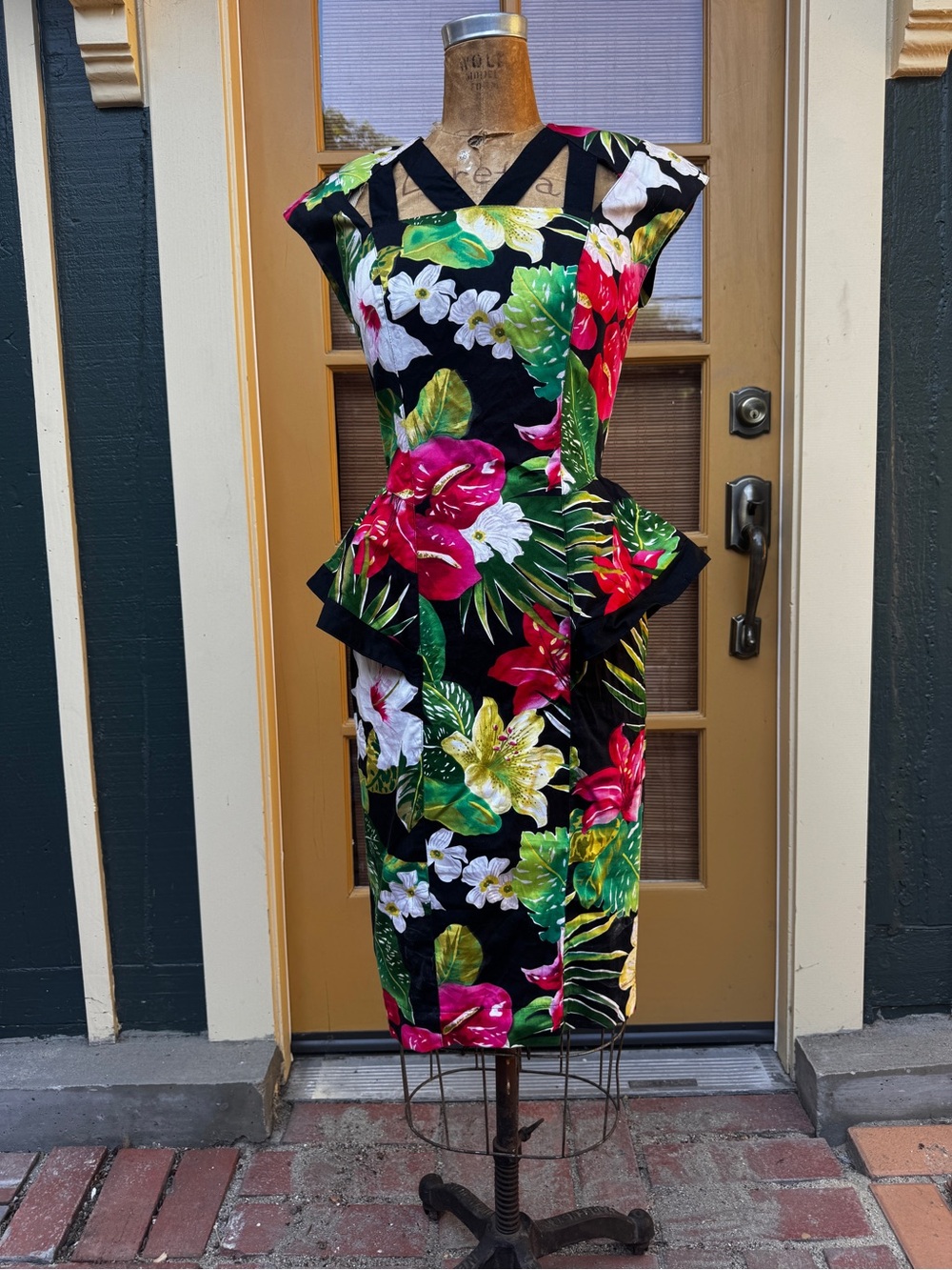 80s Vintage Tropical Cut out Dress Sz Sm